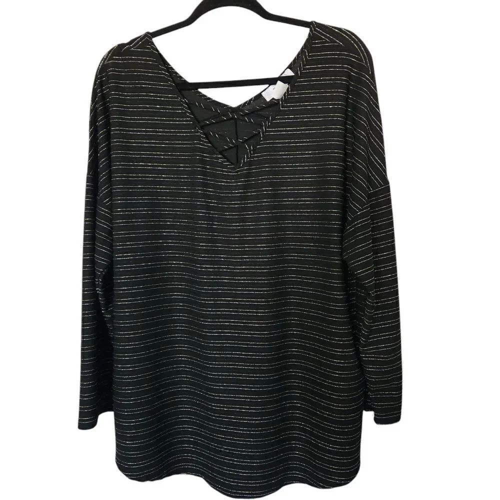 Moa Moa Womens Plus Silver Gold Black Metallic Striped V-Neck Blouse Size 2X